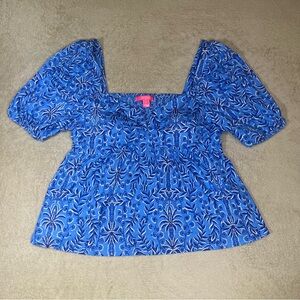Lilly Pulitzer Fit & Flate Abaco Blue Top with Puff Sleeves and Built-in Bra XL